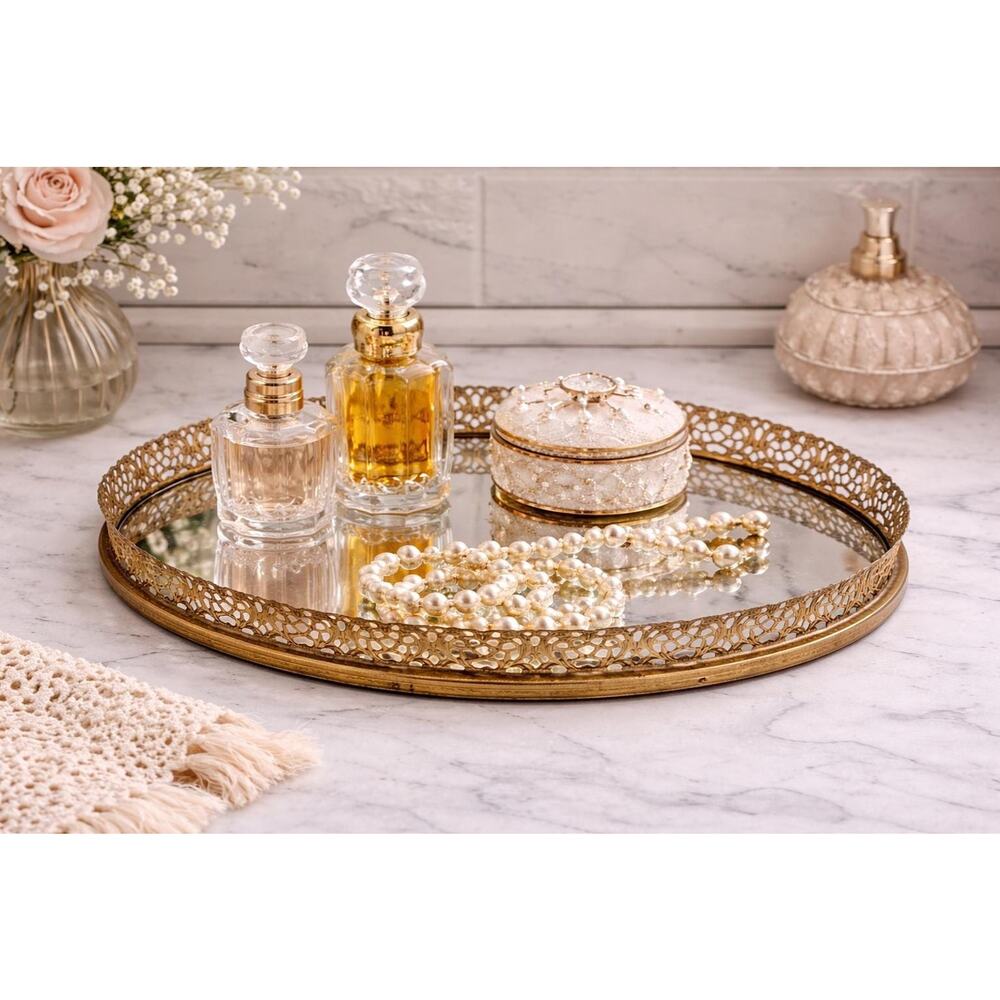 Vintage Oval Gold Filigree Vanity Tray | Hollywood Regency Brass Mirror Display